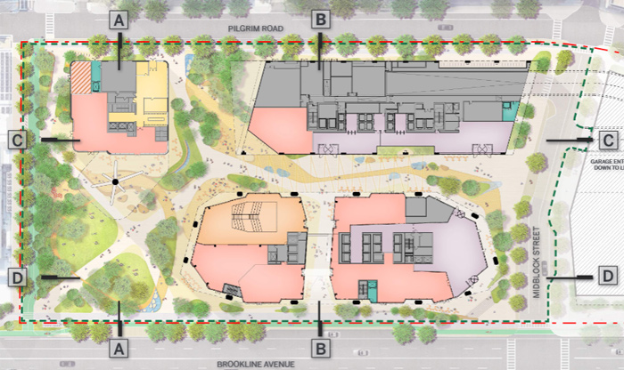 Site map showing green spaces and buildings