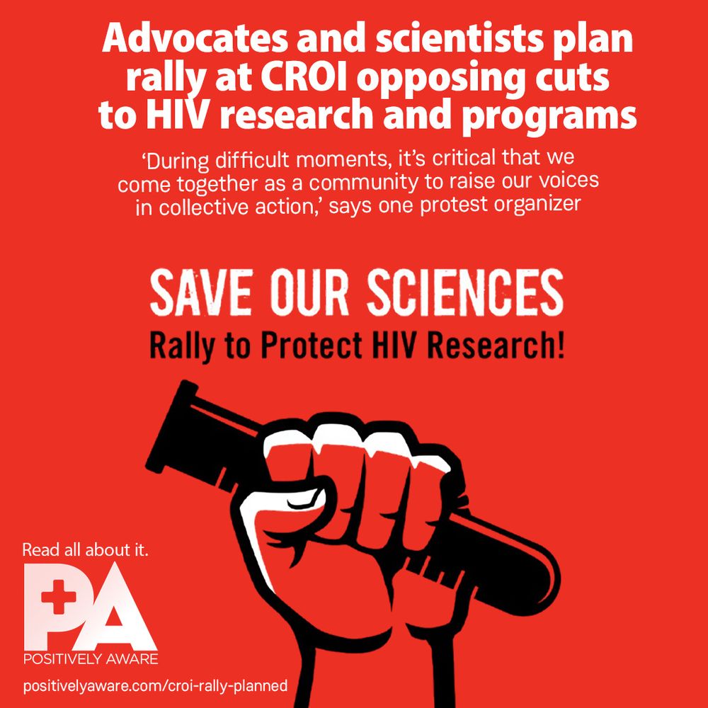 Red poster for CROI Save Our Sciences rally showing a raised fist holding a test tube.