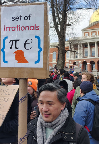 Sign showing irrational figures: Pi, e and Trump