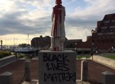 Defaced Christopher Columbus statue in the North End