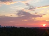 Orange sunrise over Peters Hill in the Arnold Arboretum and downtown Boston