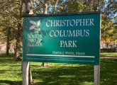 Sign in Christopher Columbus Park that still says Martin J. Walsh is mayor