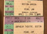 Ticket stubs for two Pearl Jam shows, one at the Garden, one at the Orpheum