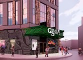 Rendering of proposed Great Scott entrance, featuring a green awning