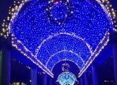 Blue lights on trellis at Christopher Columbus Park