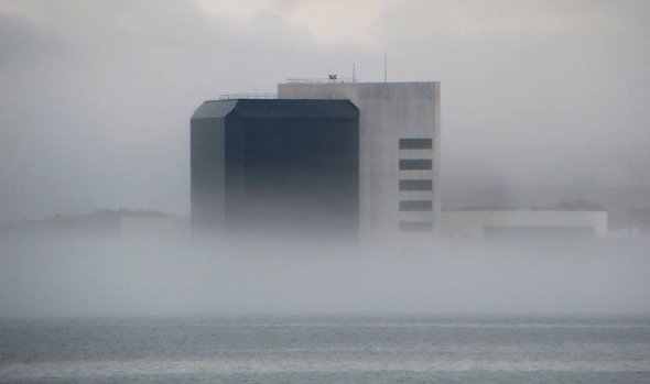 JFK Library in the fog on Dorchester Bay