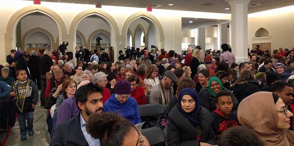 Inside unity rally at Islamic Society of Boston in Roxbury