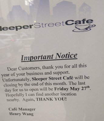 Sleeper Street Cafe closed forever