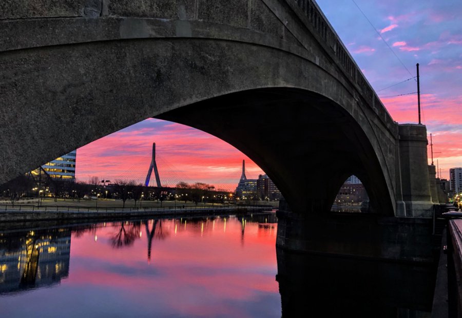 Sunrise over the Zakim and under the viaduct