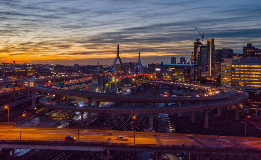 Sunrise over the Zakim Bridge and the Leverett ramps