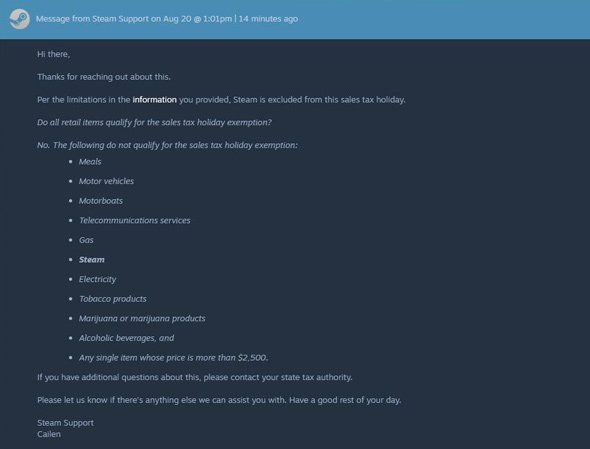 Message from Steam about how they had to tax some guy