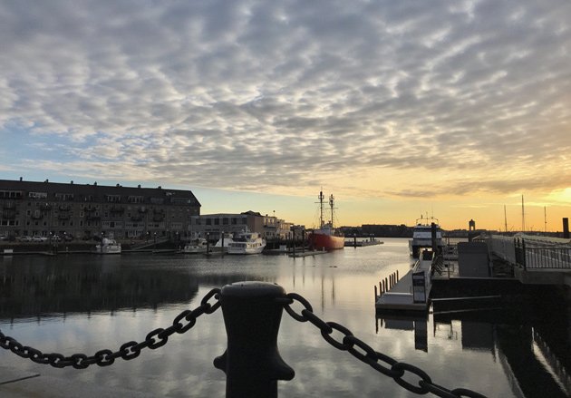 Calm Boston Harbor from Christopher Columbus Park