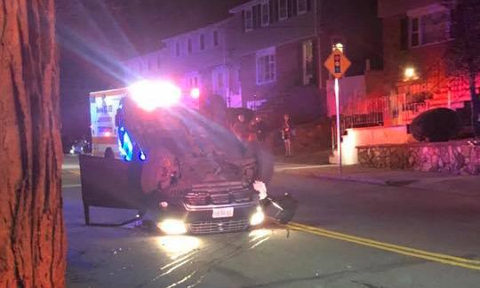 Car flipped on Poplar Street in Roslindale