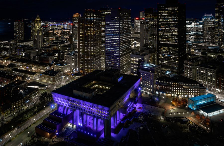 Boston City Hall colored purple tonight in honor of Michelle Wu's swearing in tomorrow