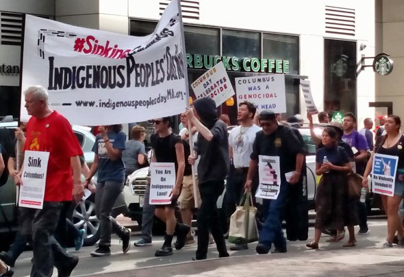 Anti-Columbus protesters in downtown Boston