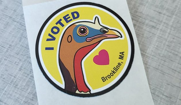 Brookline voter stickers feature a turkey