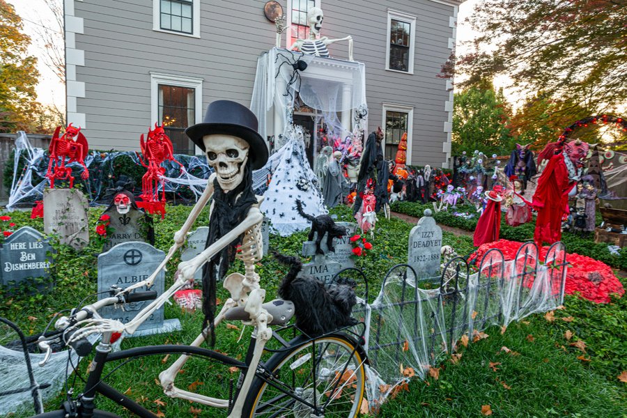 Skeletons and other Halloween creatures on Appleton Street in Cambridge