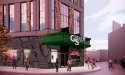 Rendering of proposed Great Scott entrance, featuring a green awning