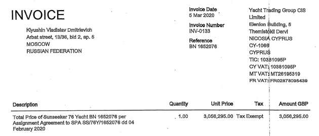 Invoice for Klyushin's yacht